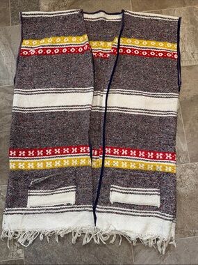 Vintage warm Mexican Baja Poncho vest Red & Yellow tassles, pockets Stripes boho